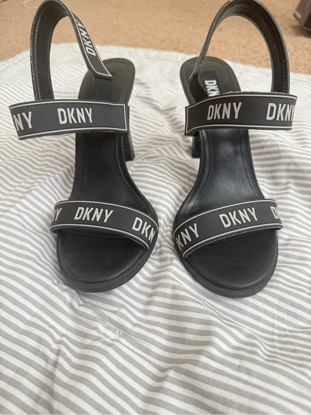 DKNY Black Logo Strap Block Heel Sandals